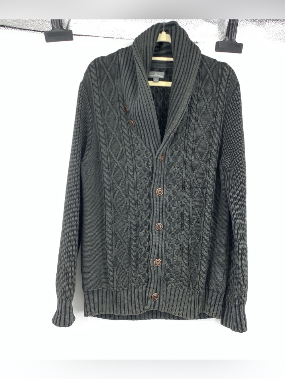 LL Bean Signature Men Size Large Sweater Cardigan Shawl Fisherman Knit Green Top